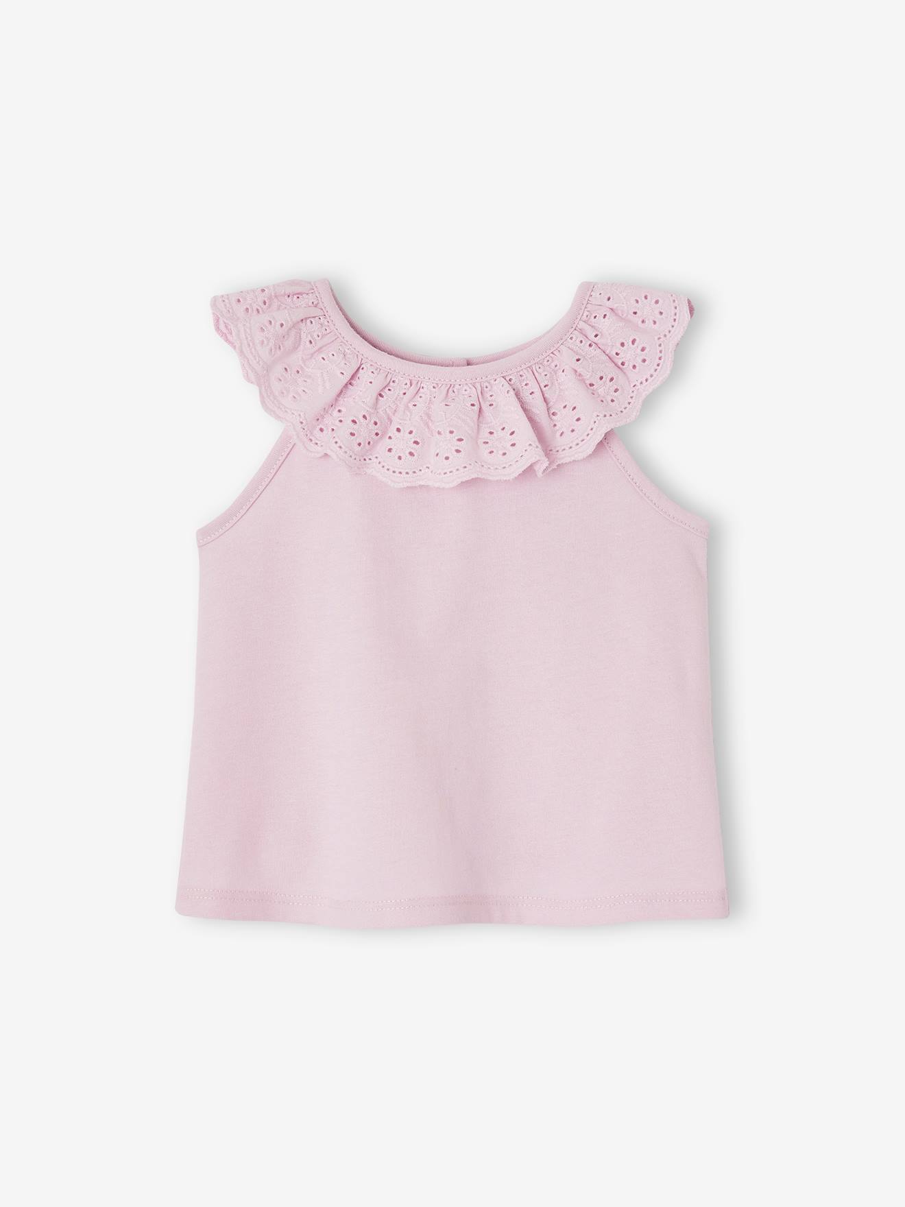 Sleeveless Blouse with Ruffle in Broderie Anglaise for Babies lilac