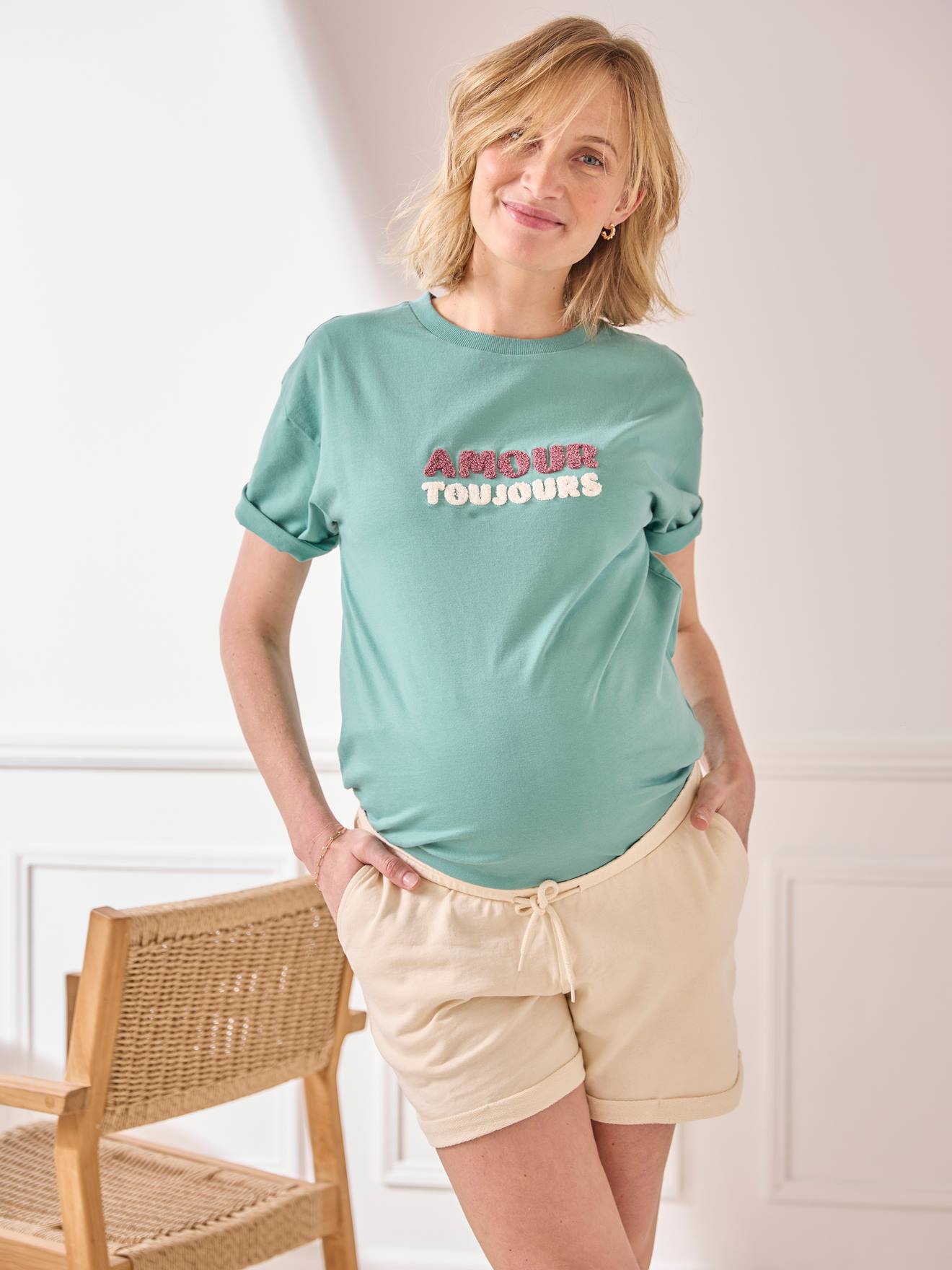 Plain T-Shirt with Message, in Organic Cotton, for Maternity mint green