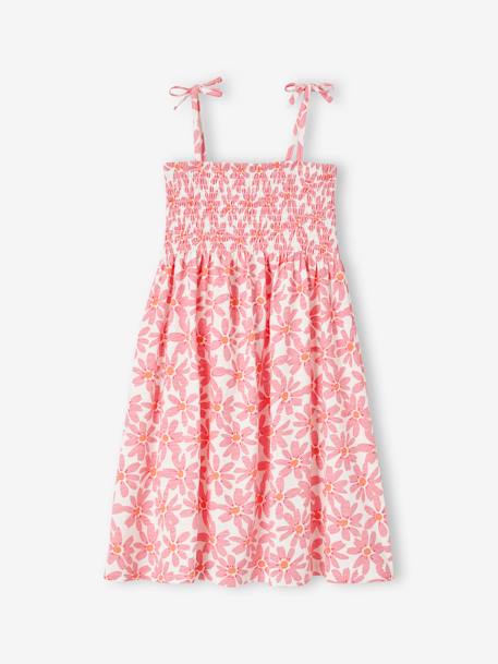 Smocked Dress with Straps for Girls ecru+rose+tangerine 