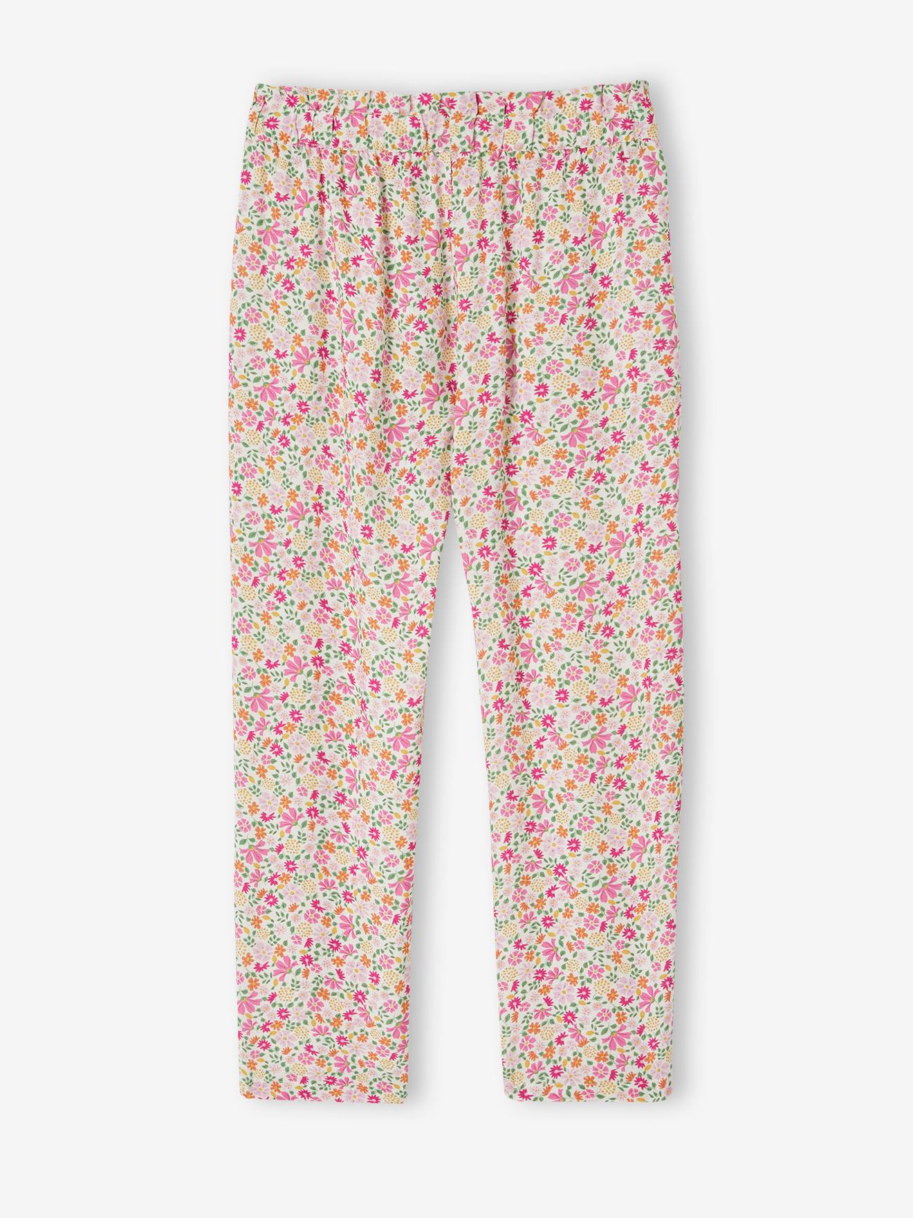 Fluid Cropped Trousers with Floral Print, for Girls - ecru, Girls