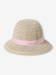 -Hat in Paper Straw & Gingham Ribbon for Baby Girls