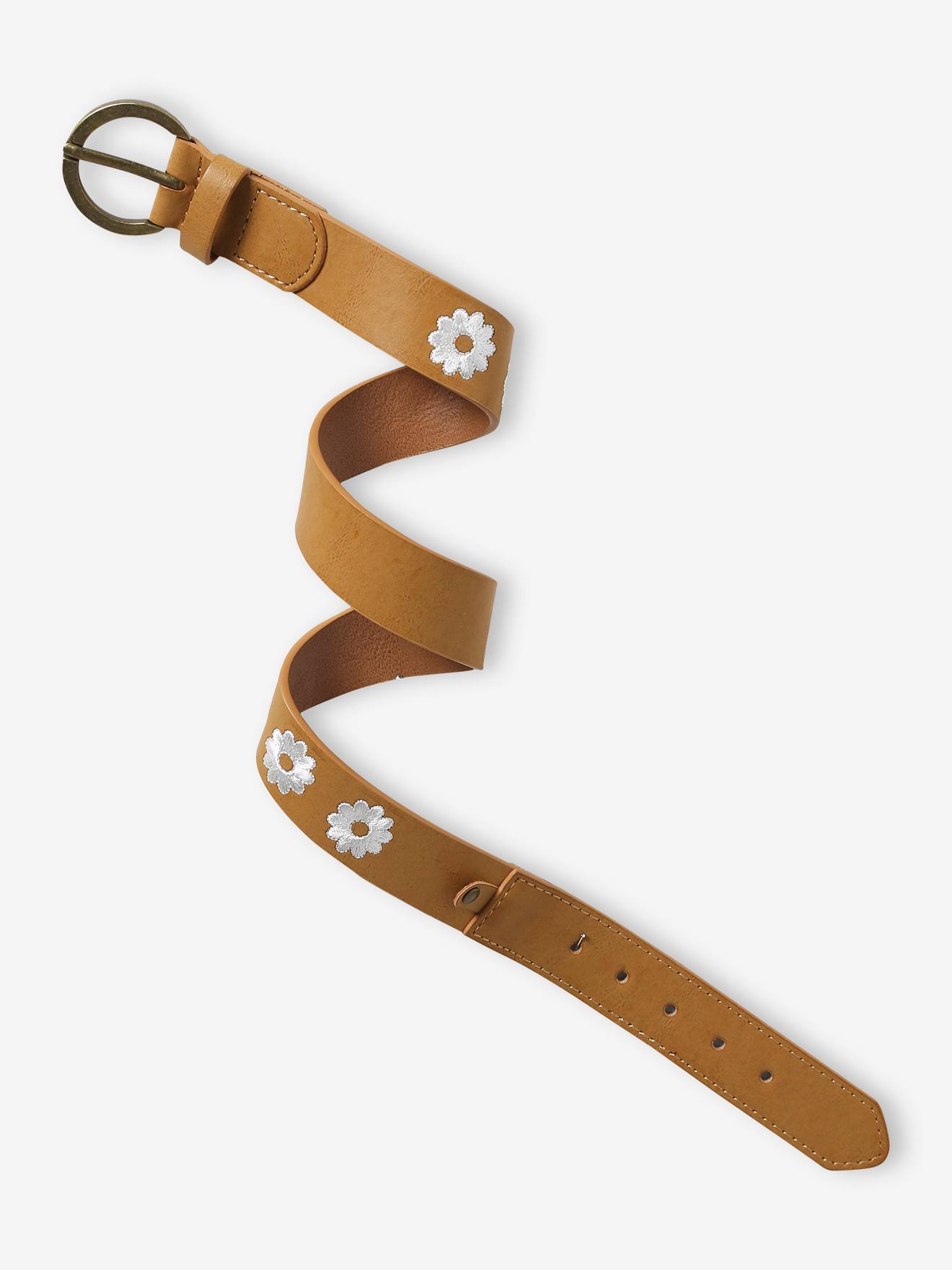Leather-Effect Belt with Embroidered Flowers
