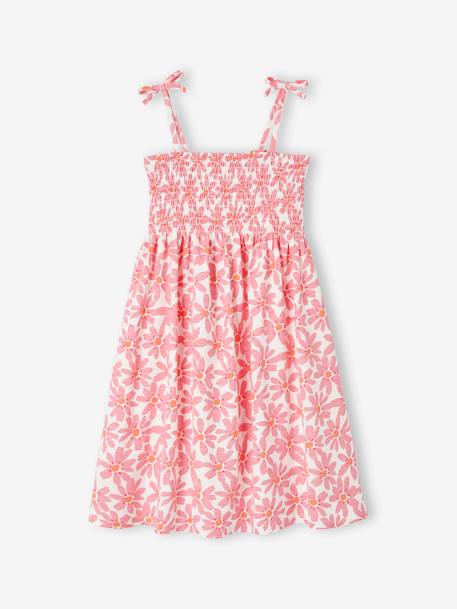 Smocked Dress with Straps for Girls ecru+rose+tangerine 