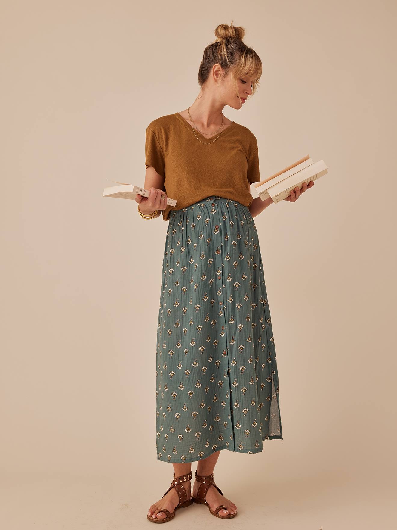 Long Skirt in Cotton Gauze for Maternity, ENVIE DE FRAISE green