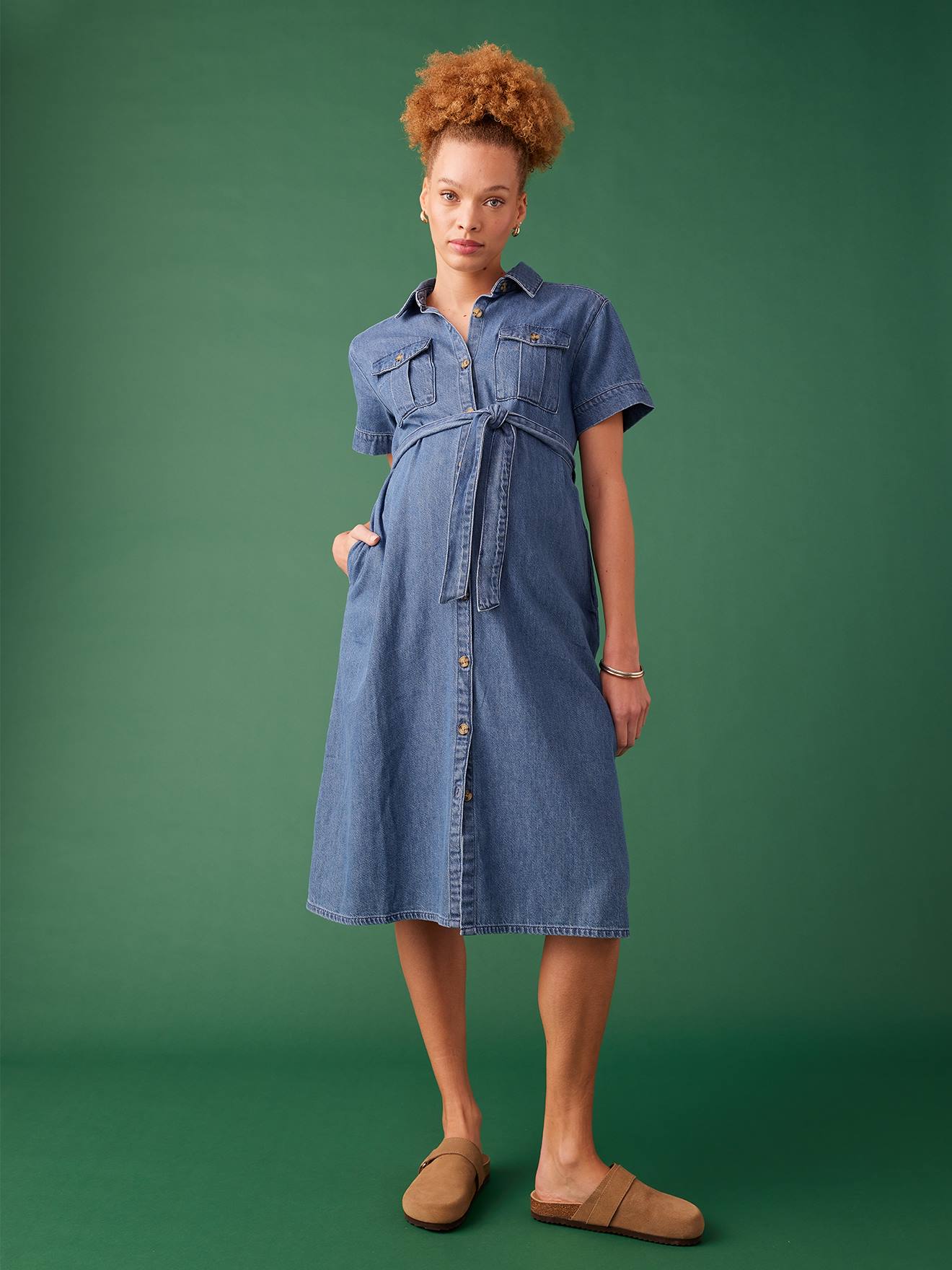 Safari-Style Dress in Denim for Maternity
