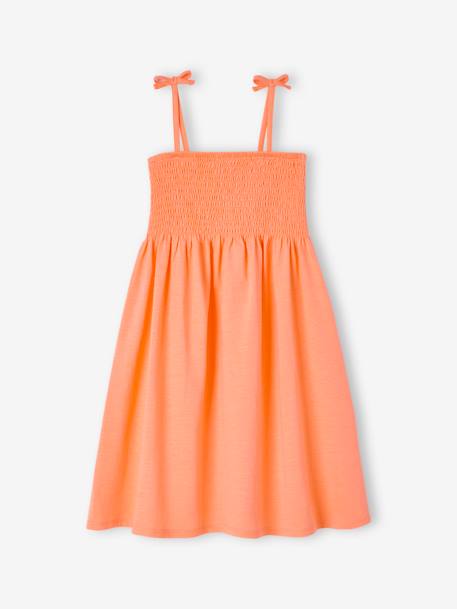 Smocked Dress with Straps for Girls ecru+rose+tangerine 