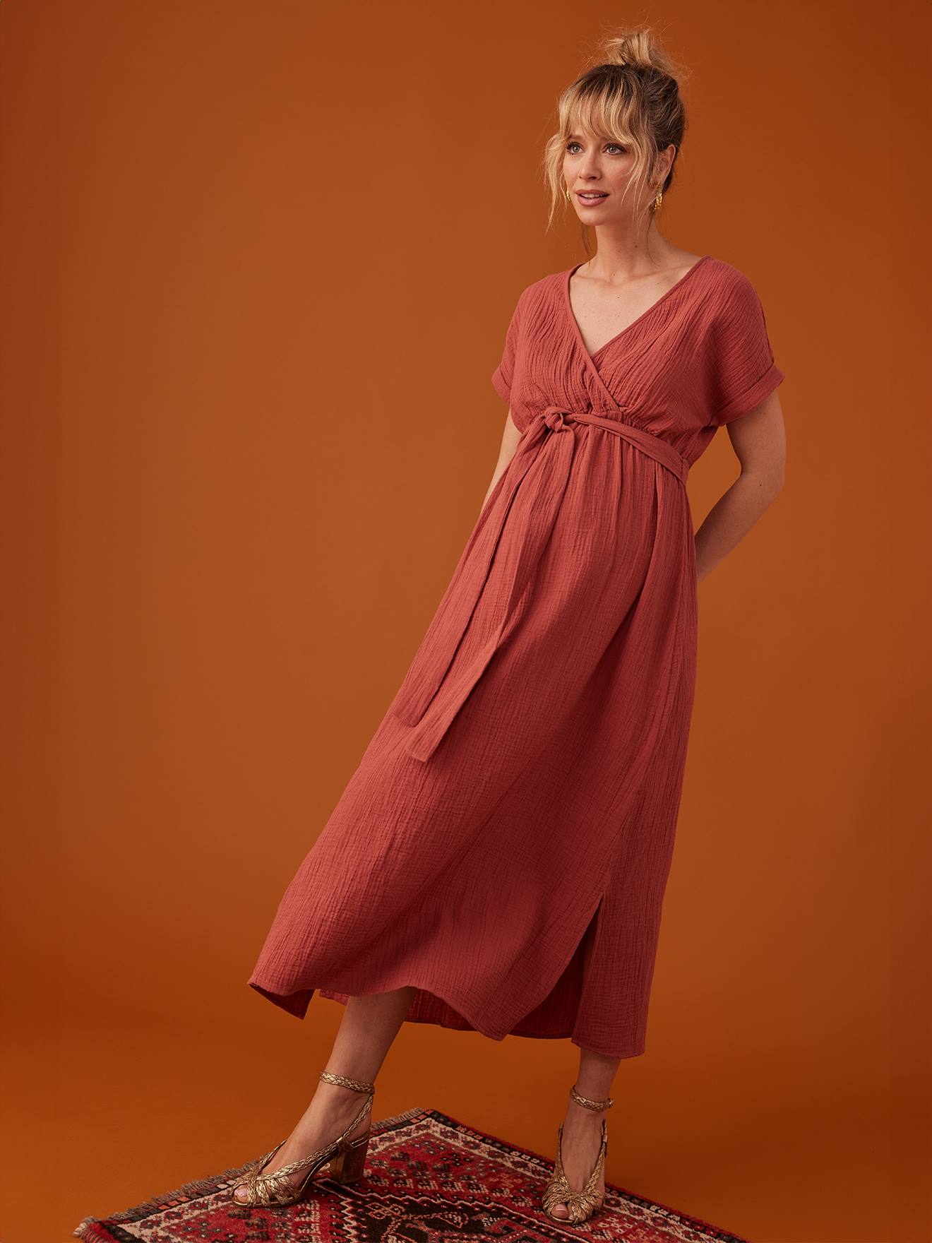 Long Dress for Maternity in Cotton Gauze, by ENVIE DE FRAISE terracotta