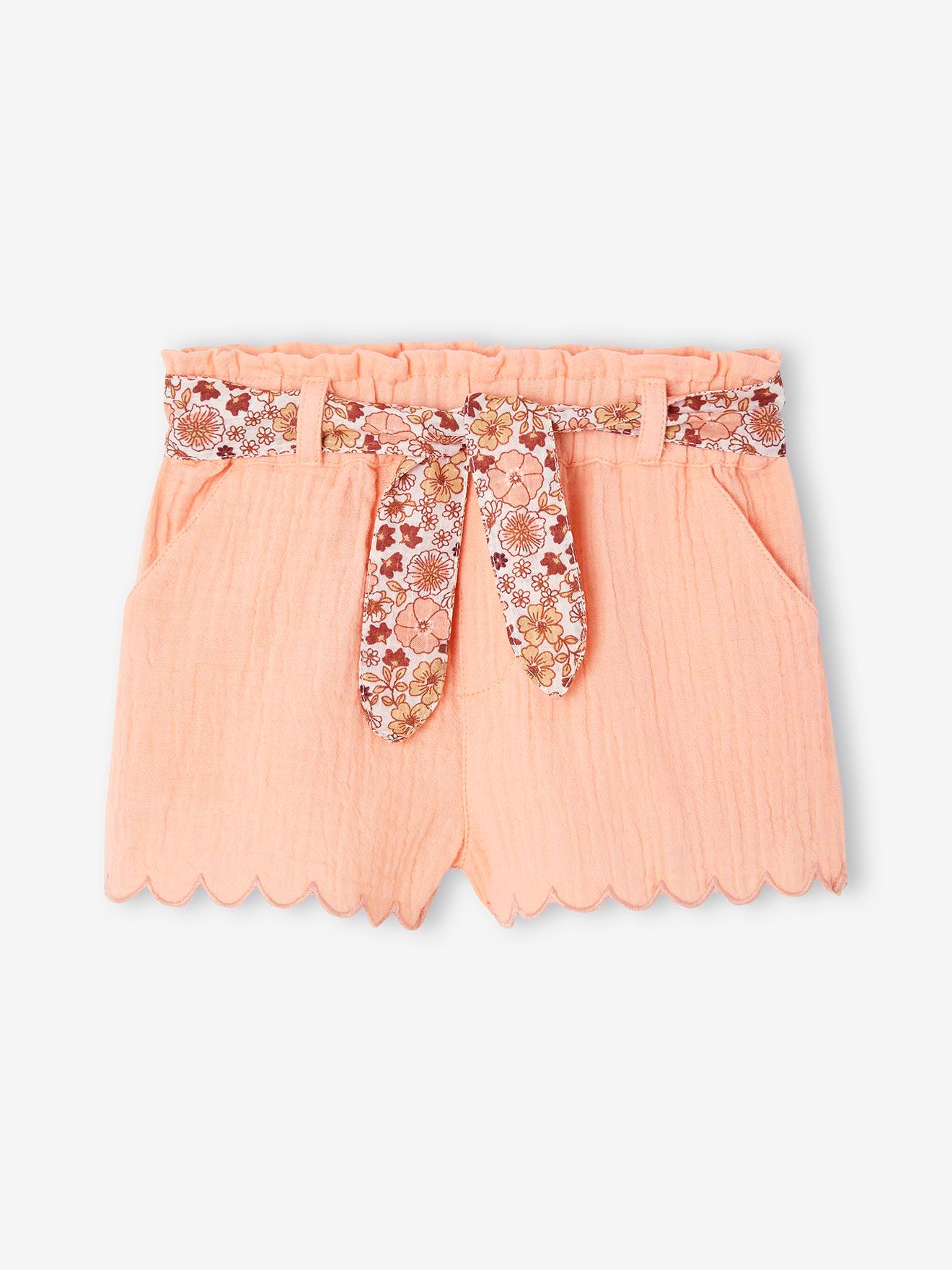 Cotton Gauze Shorts with Floral Belt for Babies apricot