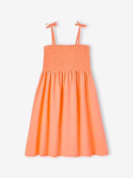 Smocked Dress with Straps for Girls ecru+rose+tangerine 