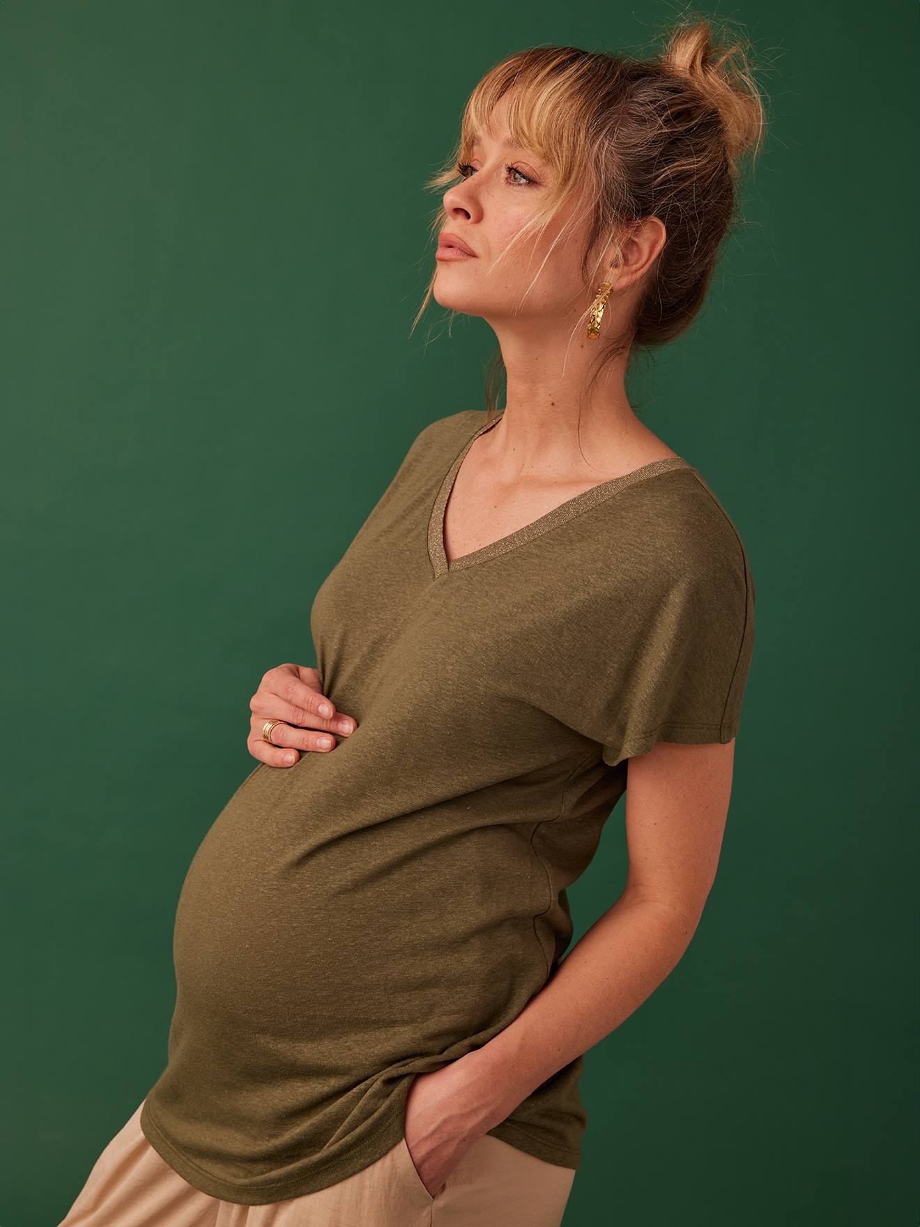 T-Shirt for Maternity, Iridescent V-Neck, by ENVIE DE FRAISE olive