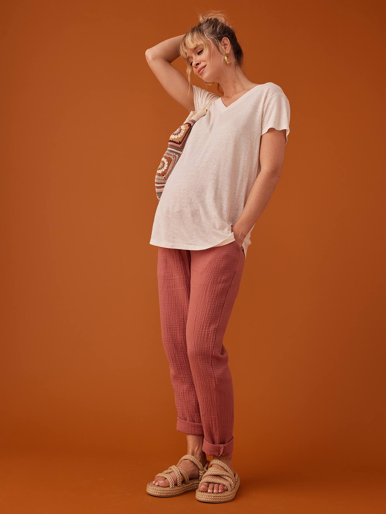 Paperbag-Style Trousers in Cotton Gauze for Maternity, by ENVIE DE FRAISE old rose