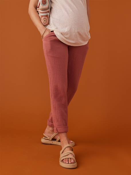 Paperbag-Style Trousers in Cotton Gauze for Maternity, by ENVIE DE FRAISE old rose+sandy beige 