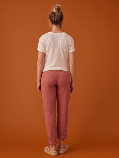 Paperbag-Style Trousers in Cotton Gauze for Maternity, by ENVIE DE FRAISE old rose+sandy beige 