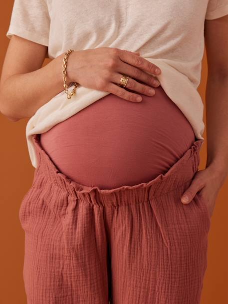 Paperbag-Style Trousers in Cotton Gauze for Maternity, by ENVIE DE FRAISE old rose+sandy beige 