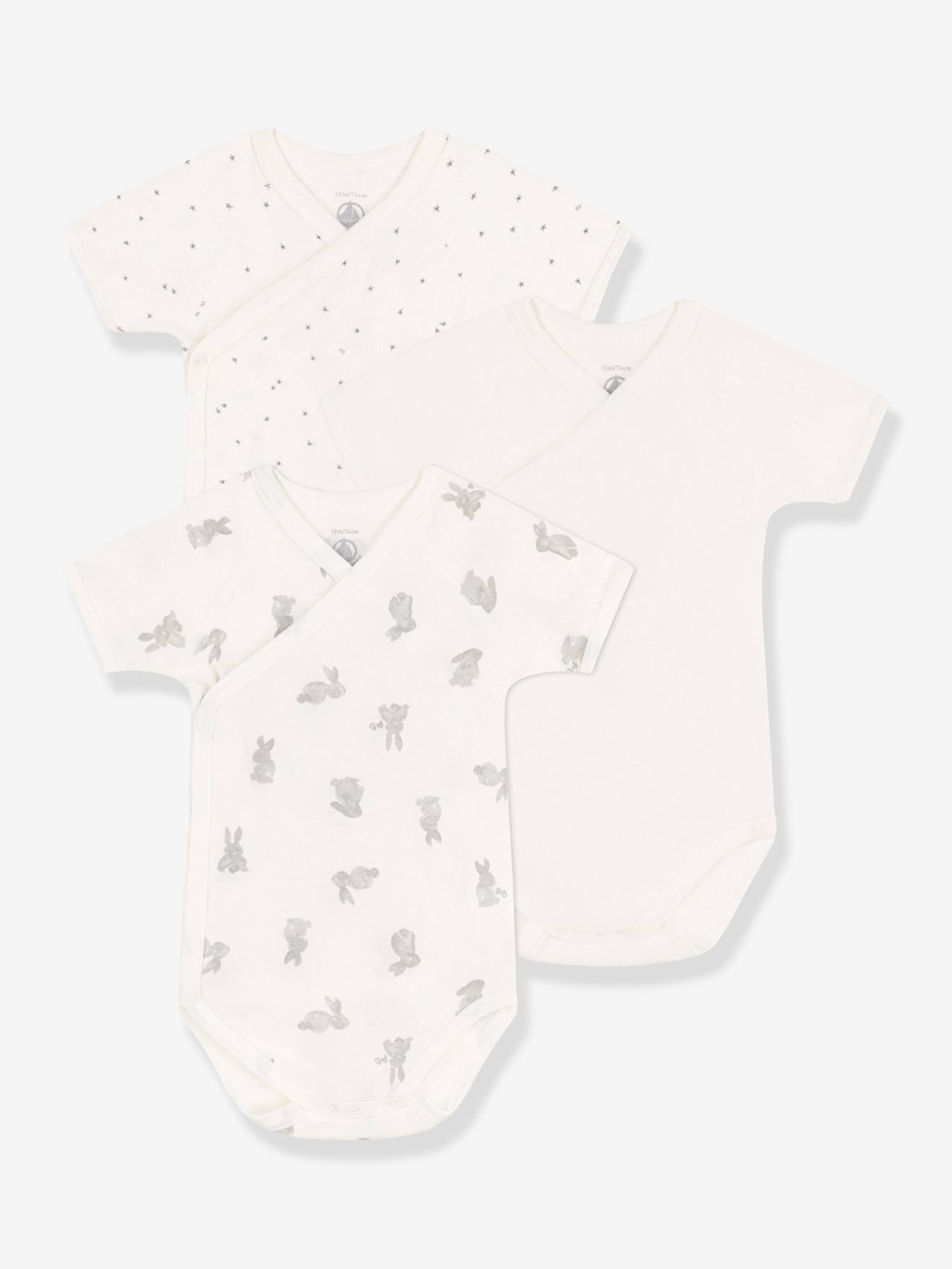 Pack of 3 Short Sleeve Crossover Bodysuits for Babies, Rabbits by Petit Bateau white