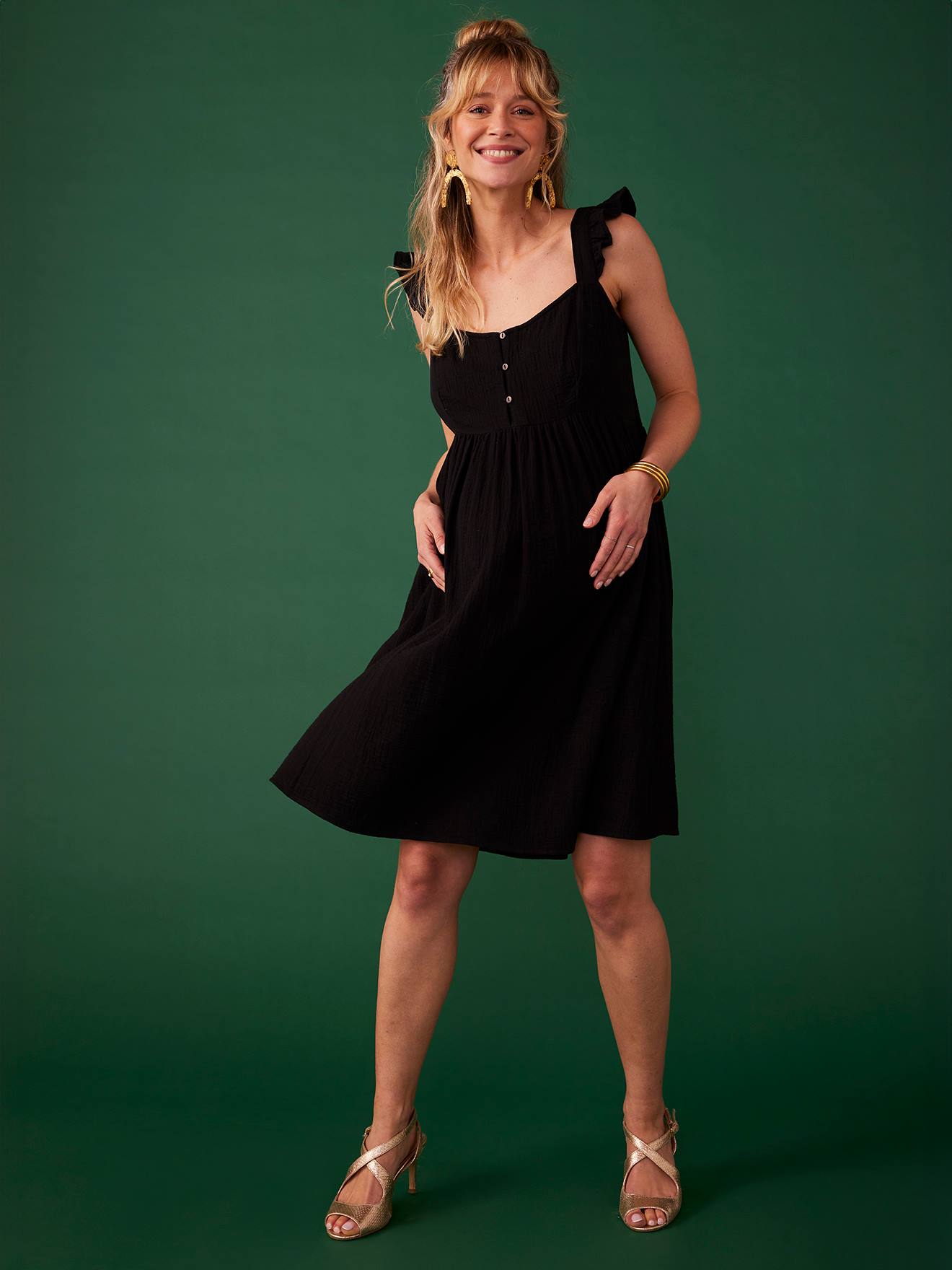 Strappy Dress with Ruffles for Maternity in Cotton Gauze