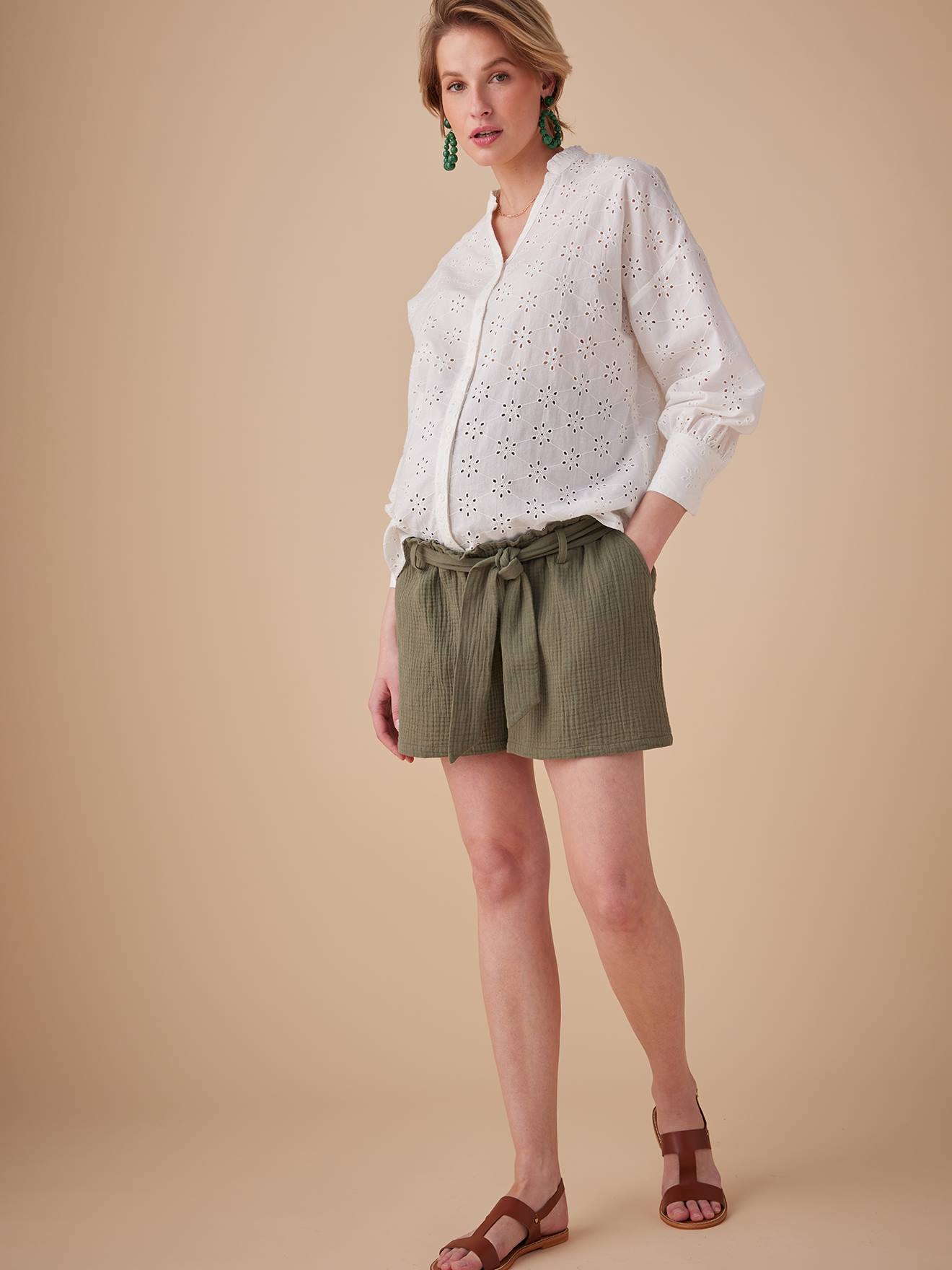 Paperbag-Effect Cotton Gauze Shorts for Maternity, ENVIE DE FRAISE olive