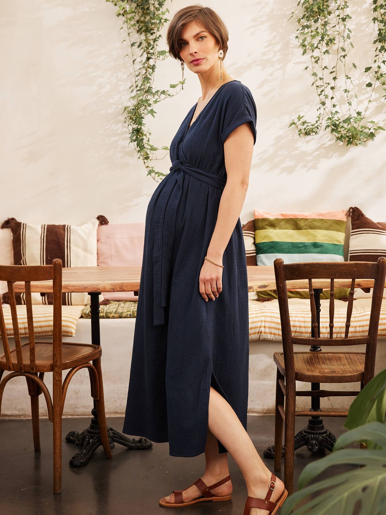 Long Dress for Maternity in Cotton Gauze, by ENVIE DE FRAISE navy blue