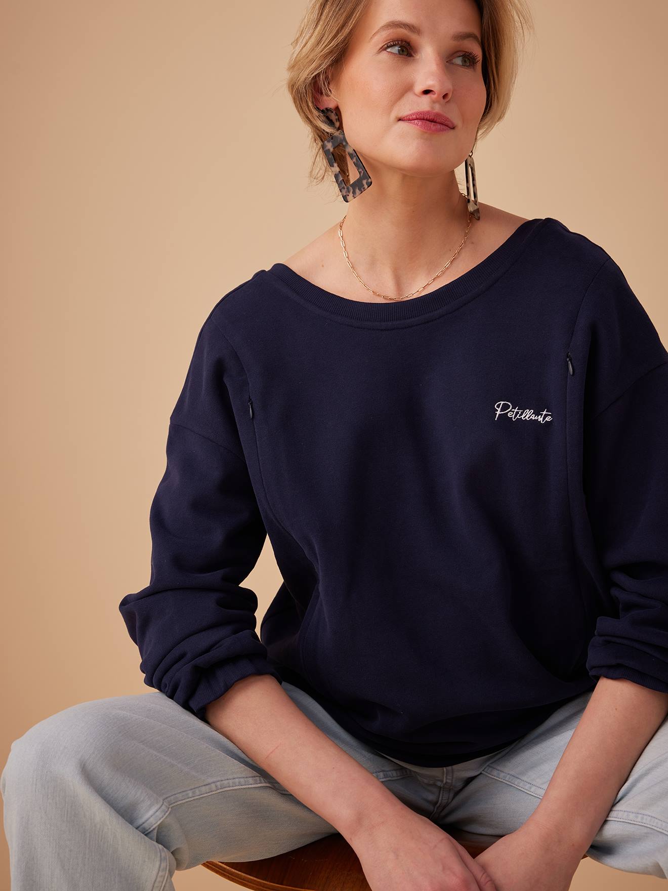 Organic Cotton Sweatshirt with "Petillante" Embroidery, ENVIE DE FRAISE navy blue