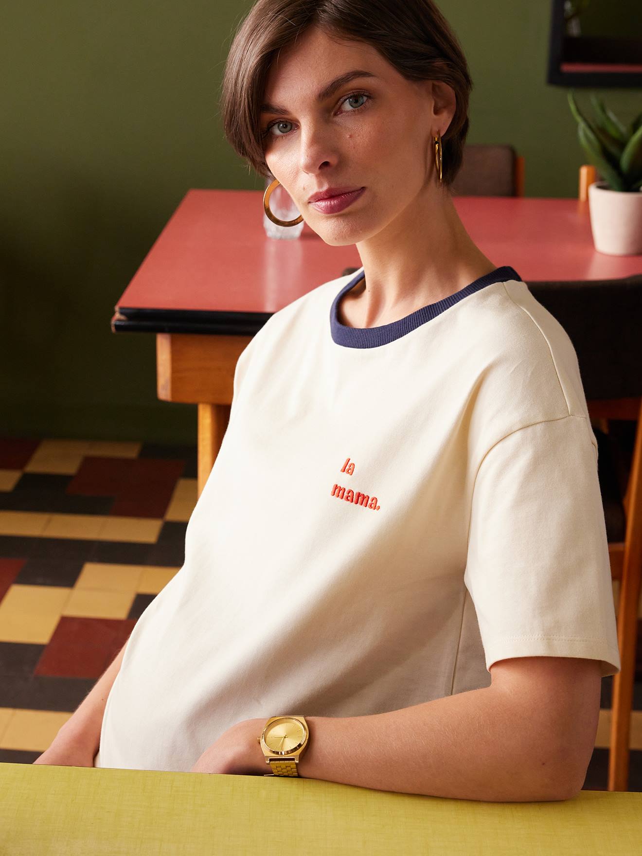 Organic Cotton T-Shirt with "la Mama" Embroidery for Maternity, by ENVIE DE FRAISE ecru