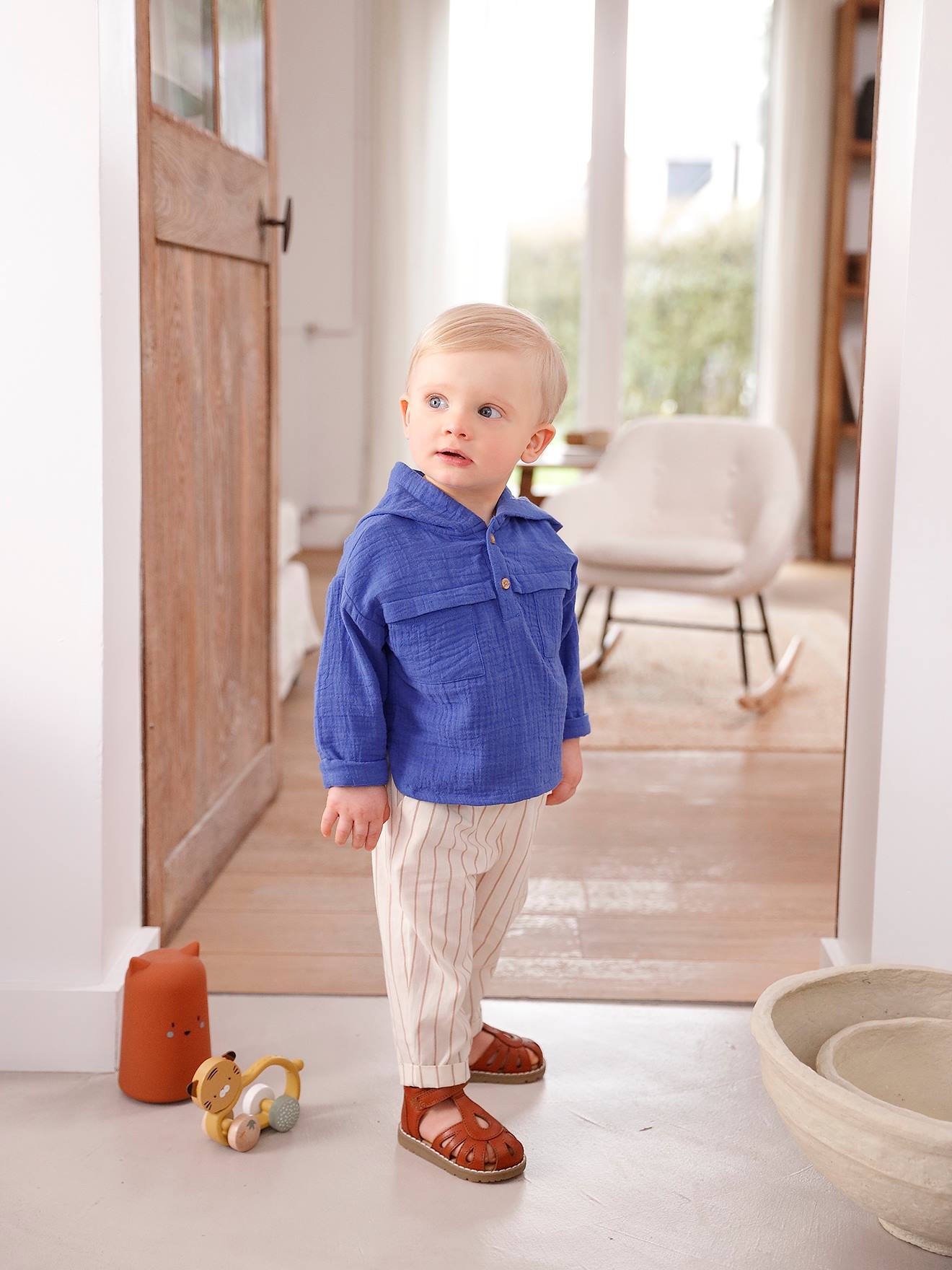 Cotton Gauze Shirt Trousers Outfit for Babies royal blue