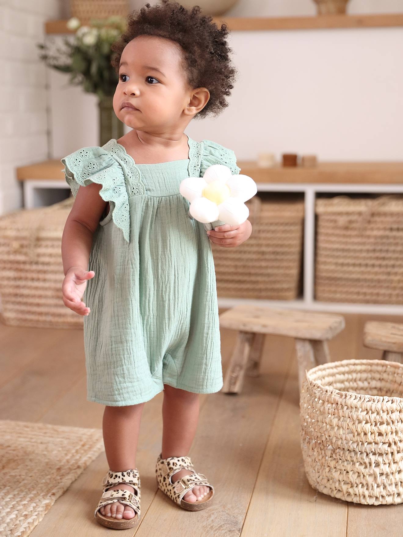 Playsuit in Cotton Gauze for Babies sage green Baby Vertbaudet