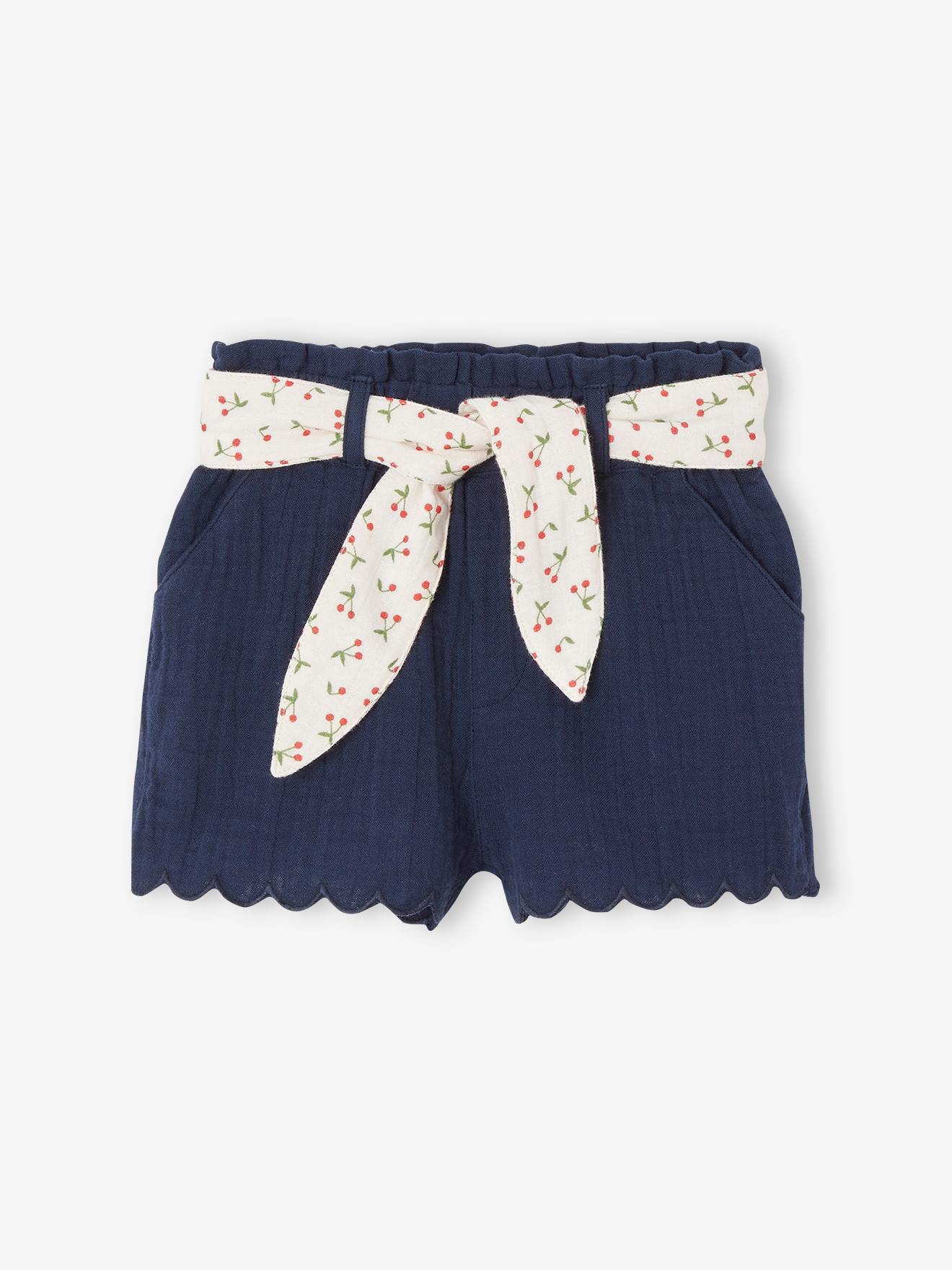 Cotton Gauze Shorts with Floral Belt for Babies navy blue