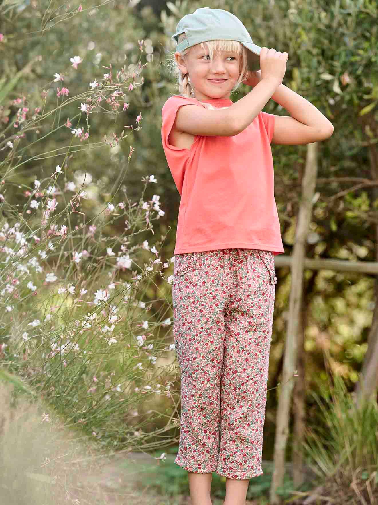 Cropped Cotton Gauze Trousers with Floral Print, for Girls printed white
