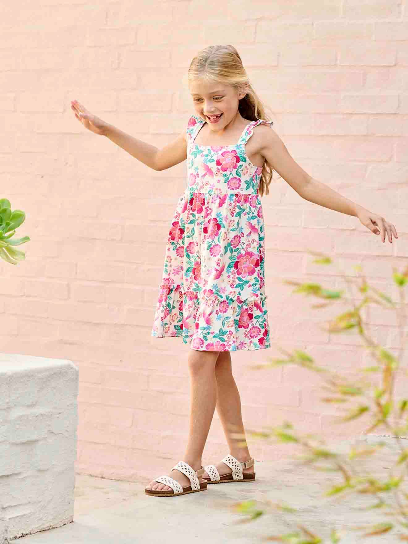 Dress with Frilly Straps & Smocking for Girls multicoloured