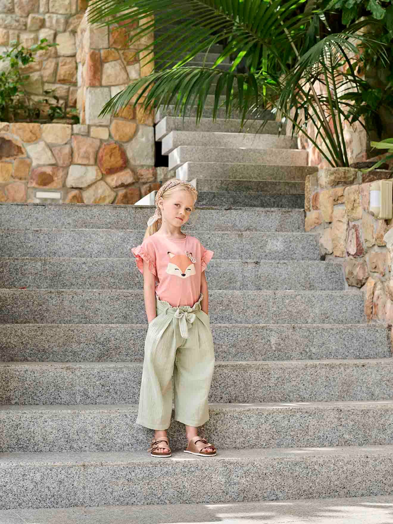 Cropped, Wide Leg Paperbag Trousers in Cotton Gauze for Girls sage green