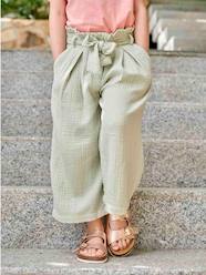 Girls-Cropped, Wide Leg Paperbag Trousers in Cotton Gauze for Girls
