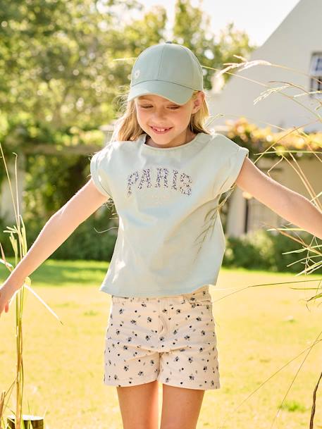 T-Shirt with Message in Flower Motifs for Girls coral+ecru+pale yellow+sky blue 