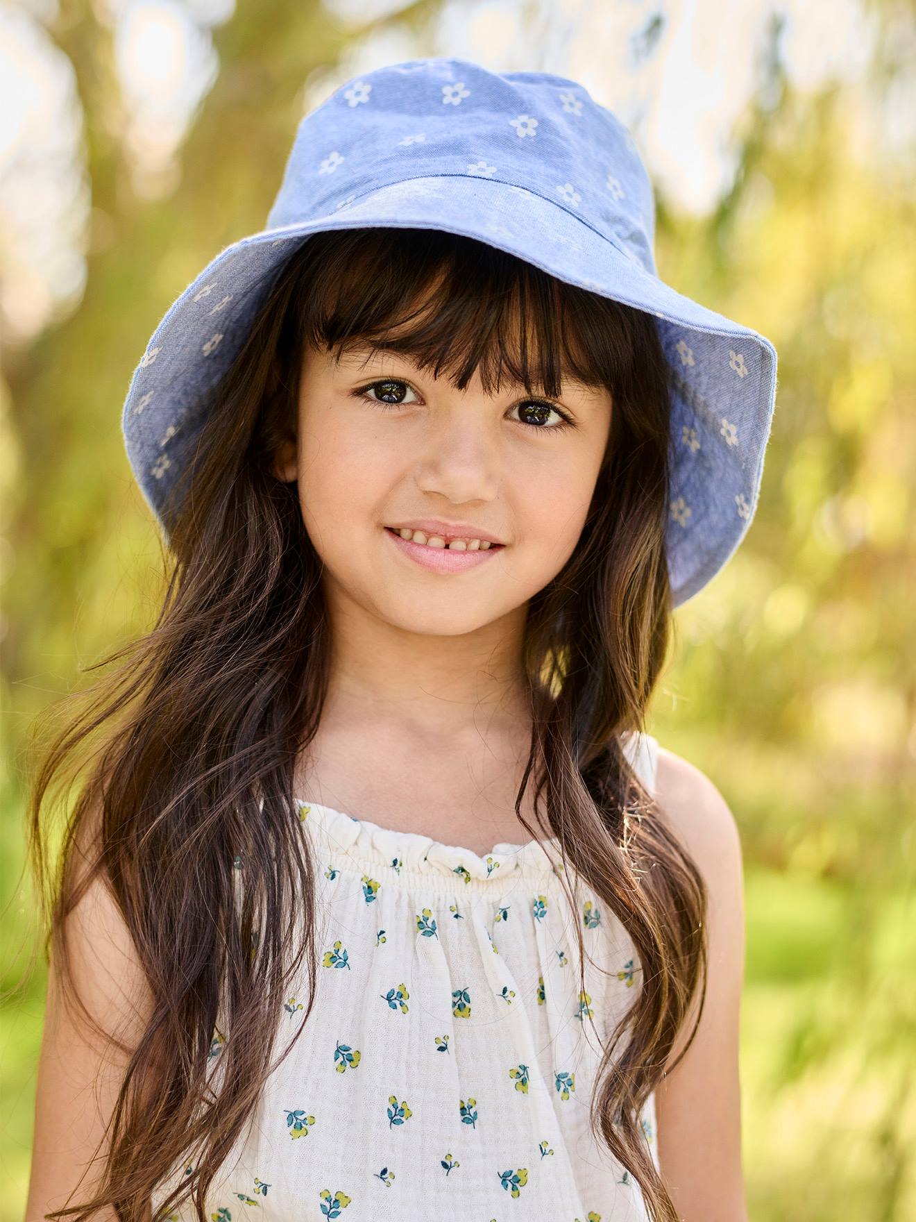 Floral Capeline-Style Bucket Hat in Denim for Girls denim blue