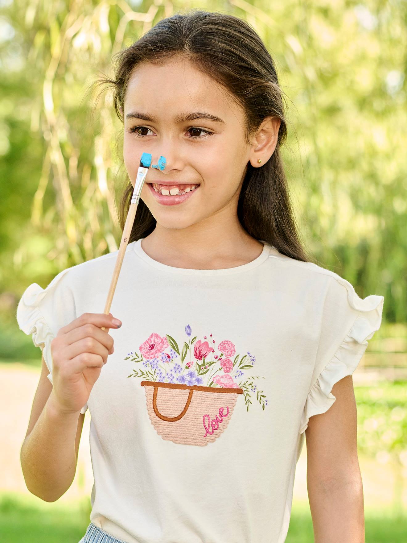 Embroidered T-Shirt with Ruffle on the Sleeves