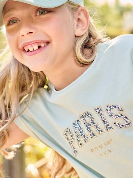 T-Shirt with Message in Flower Motifs for Girls coral+ecru+pale yellow+sky blue 