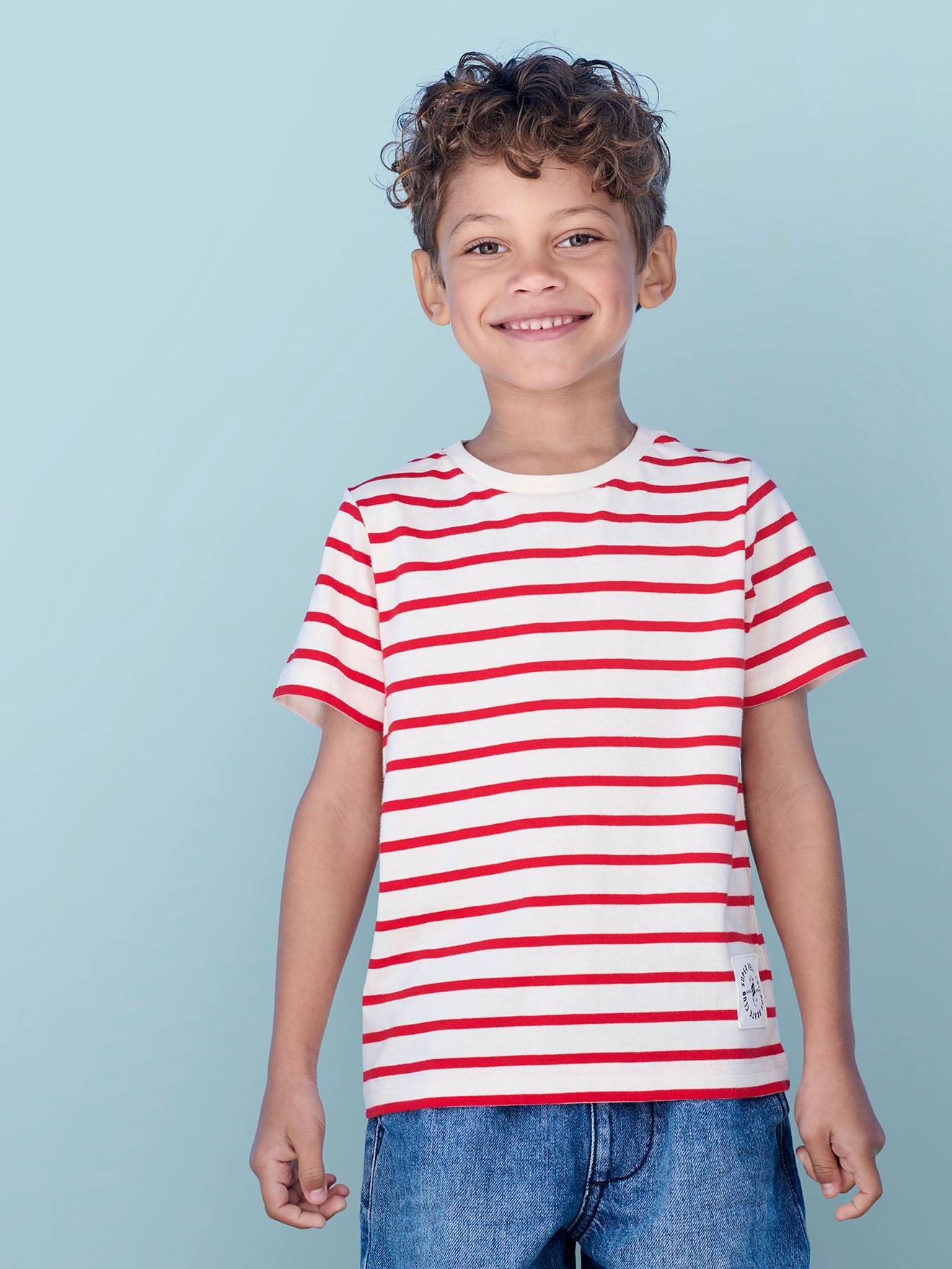 Short-Sleeved Sailor-Style T-Shirt for Boys striped red