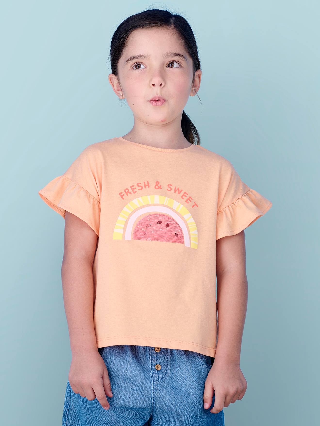 T-Shirt with Sequinned Motif for Girls tangerine