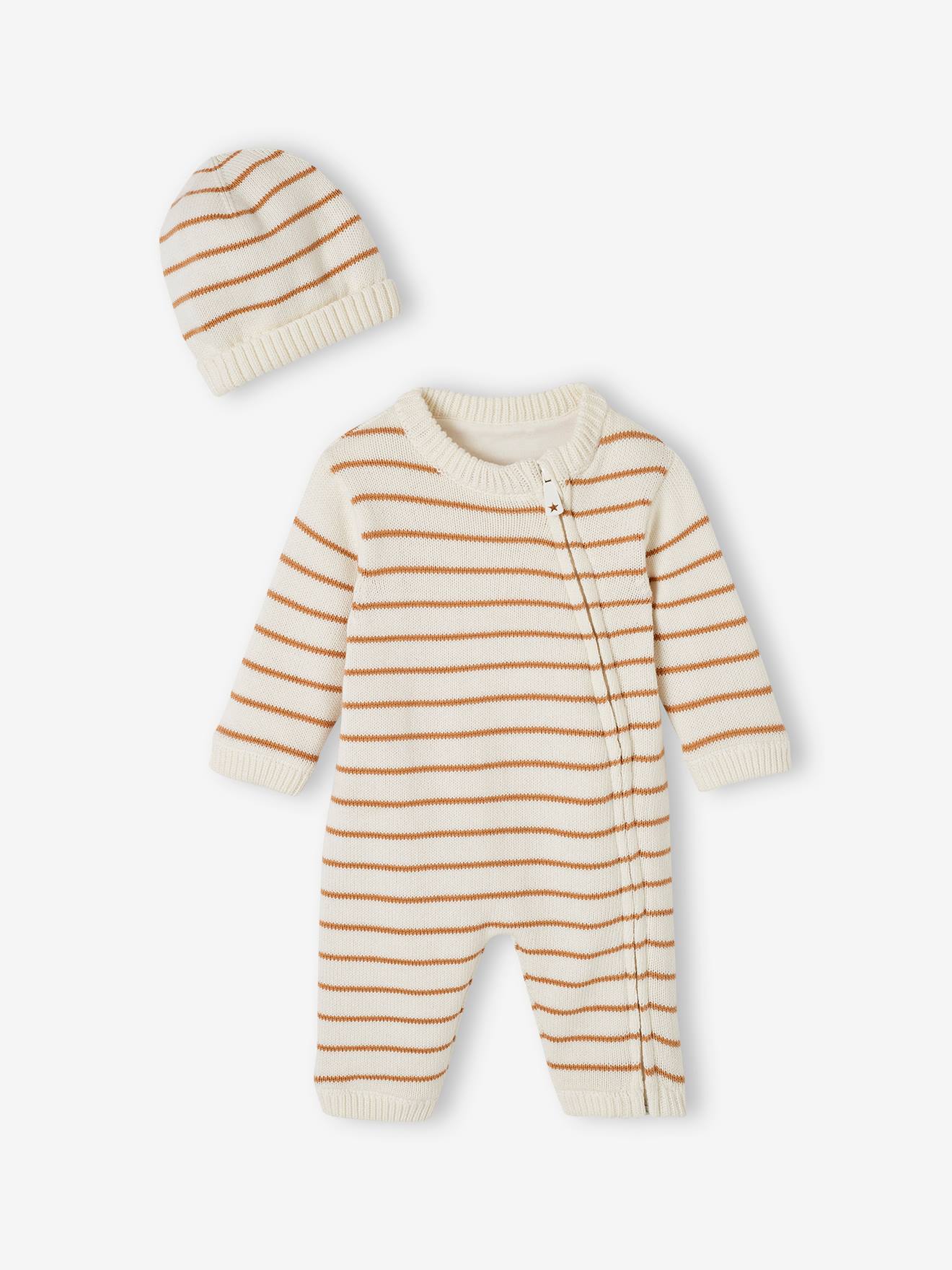 Striped Knitted Jumpsuit & Beanie Set