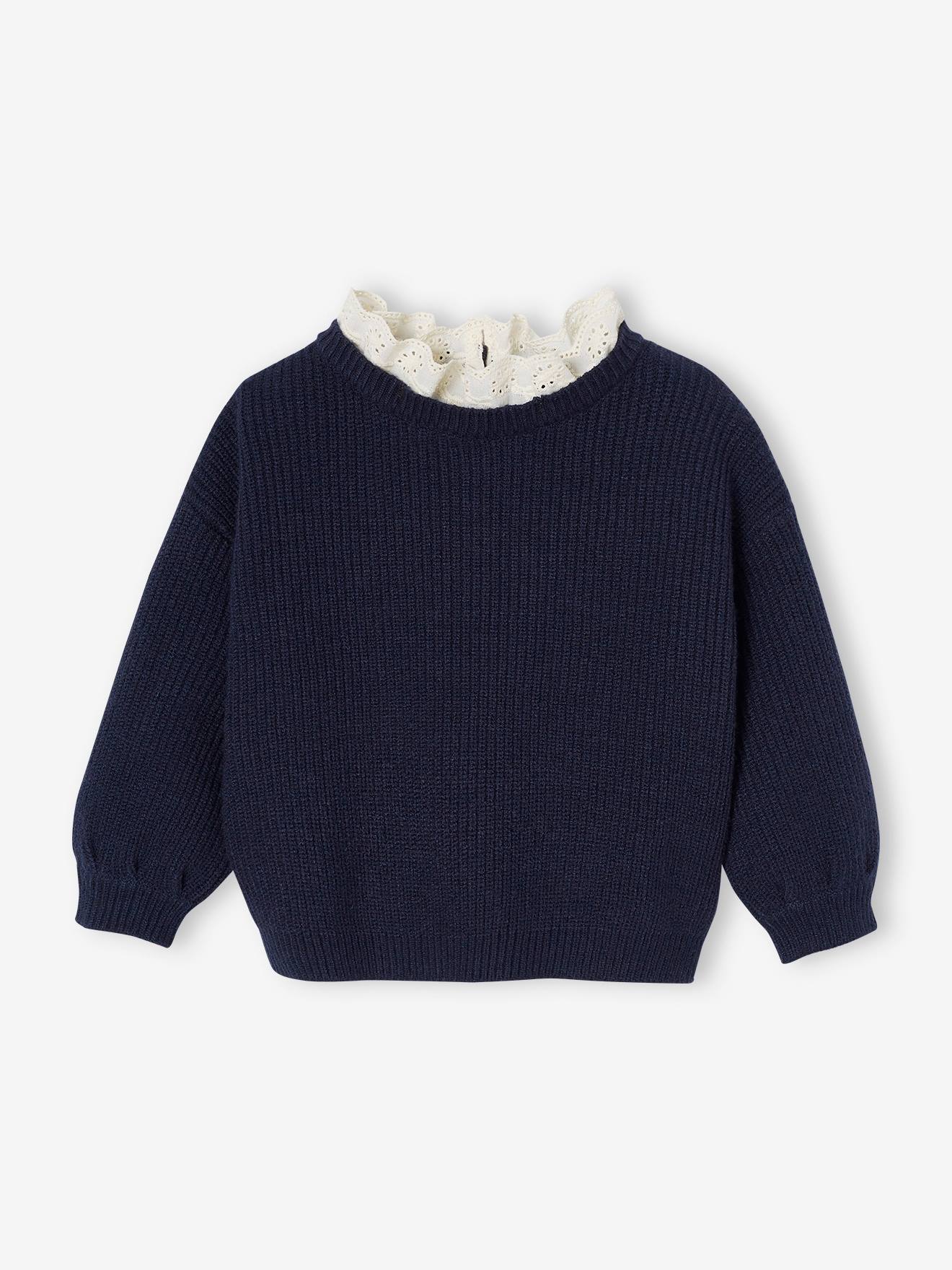Rib Knit Jumper with Broderie Anglaise Collar