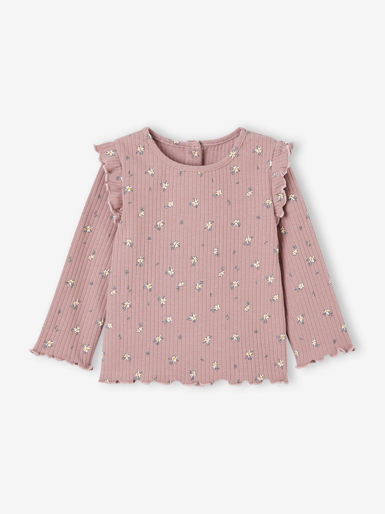 Rib Knit T-Shirt with Ruffled Sleeves