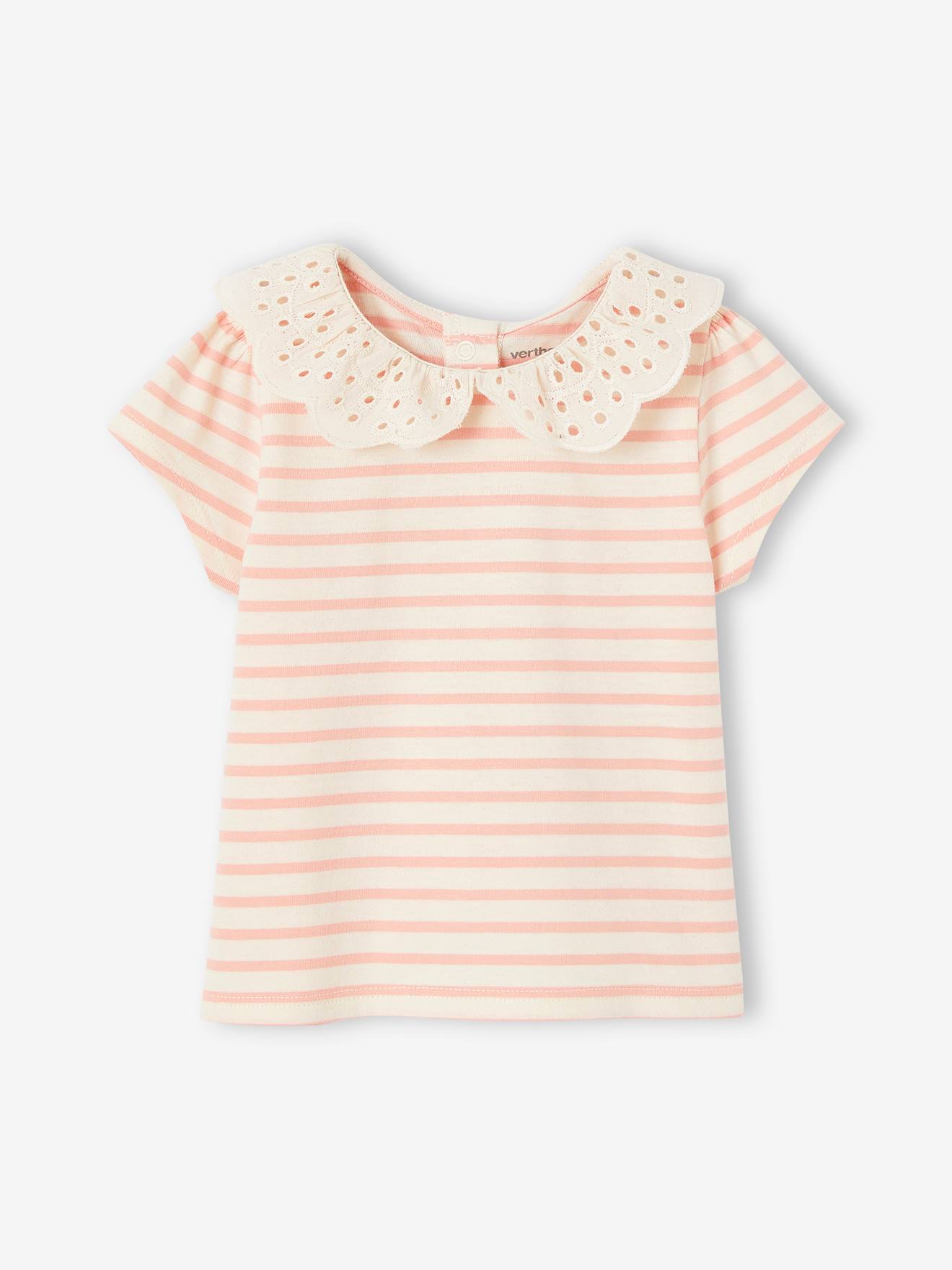 Striped T-Shirt with Collar in Broderie Anglaise