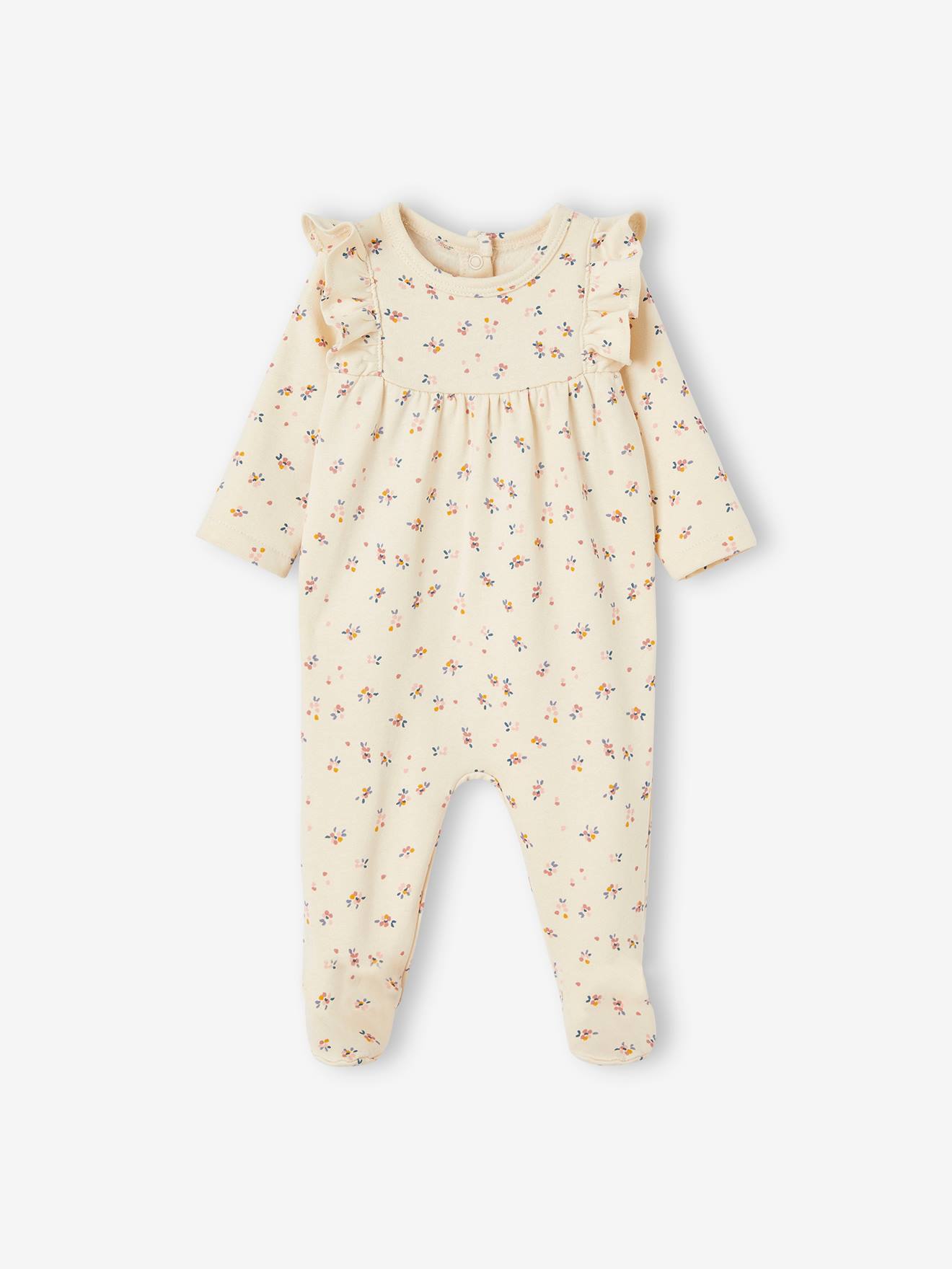 Floral Sleepsuit with Ruffles Back Opening for Babies ecru