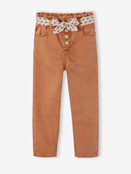 Paperbag Trousers & Floral Belt for Girls cinnamon+green+mauve 