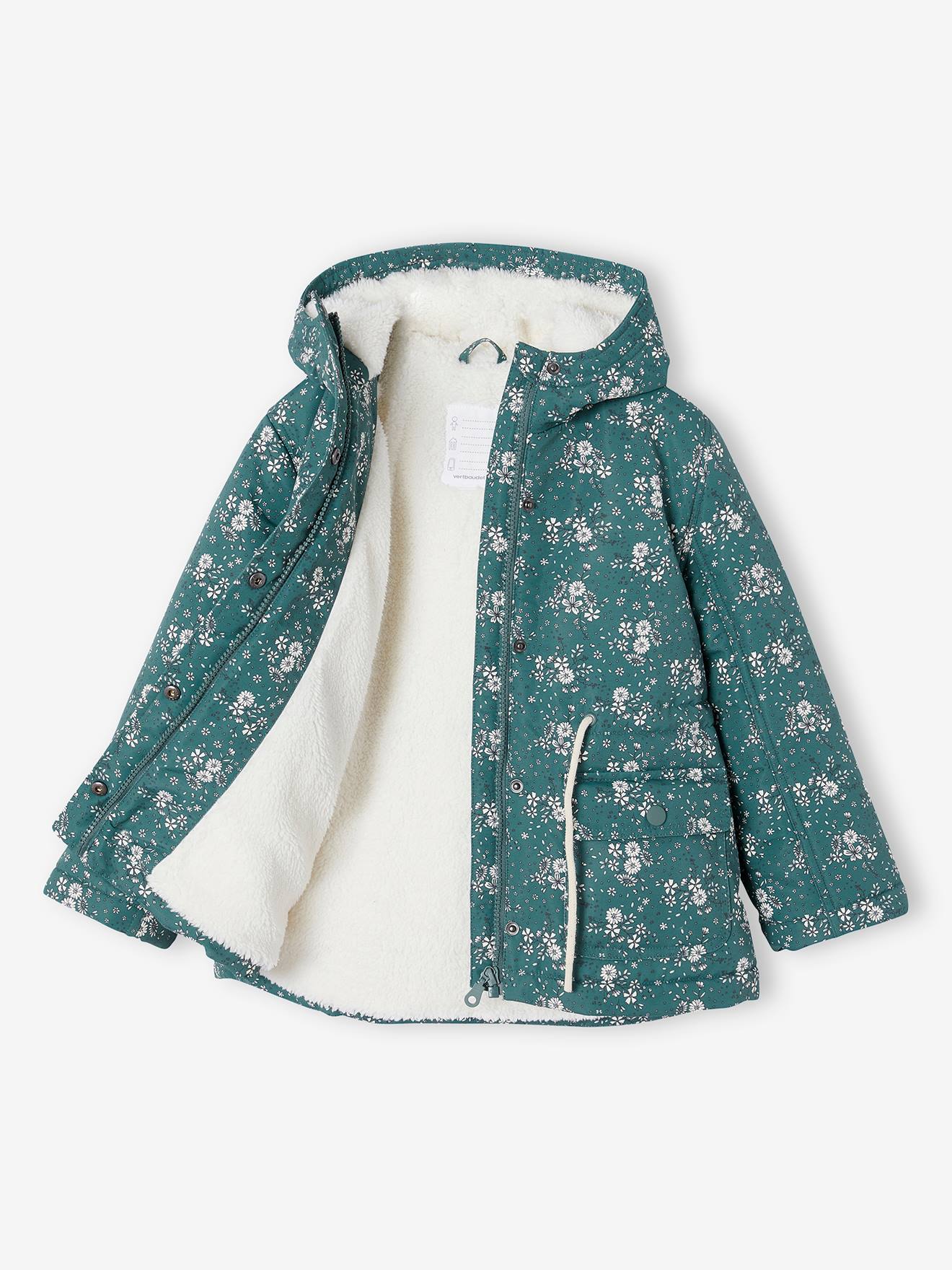 Hooded Parka with Sherpa Lining Flower Motifs for Girls emerald green Girls Vertbaudet