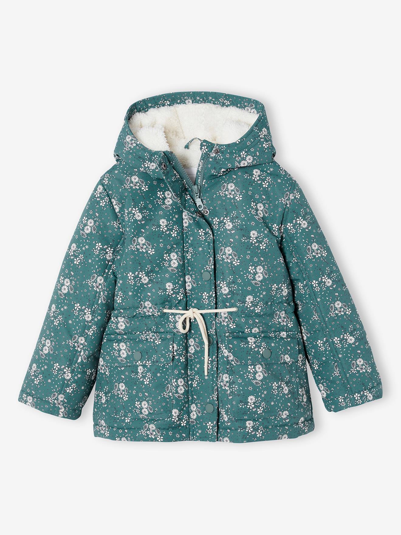 Hooded Parka with Sherpa Lining & Flower Motifs