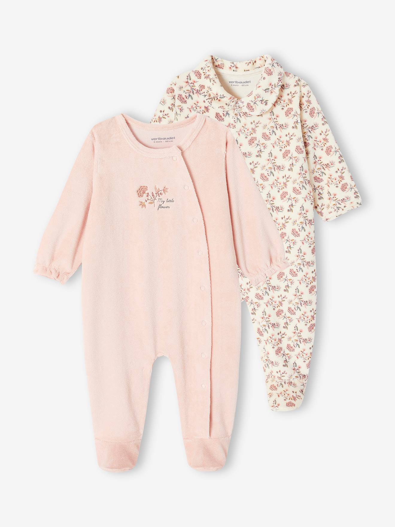 Set of 2 "Small Flower" Sleepsuits in Velour for Baby Girls rosy