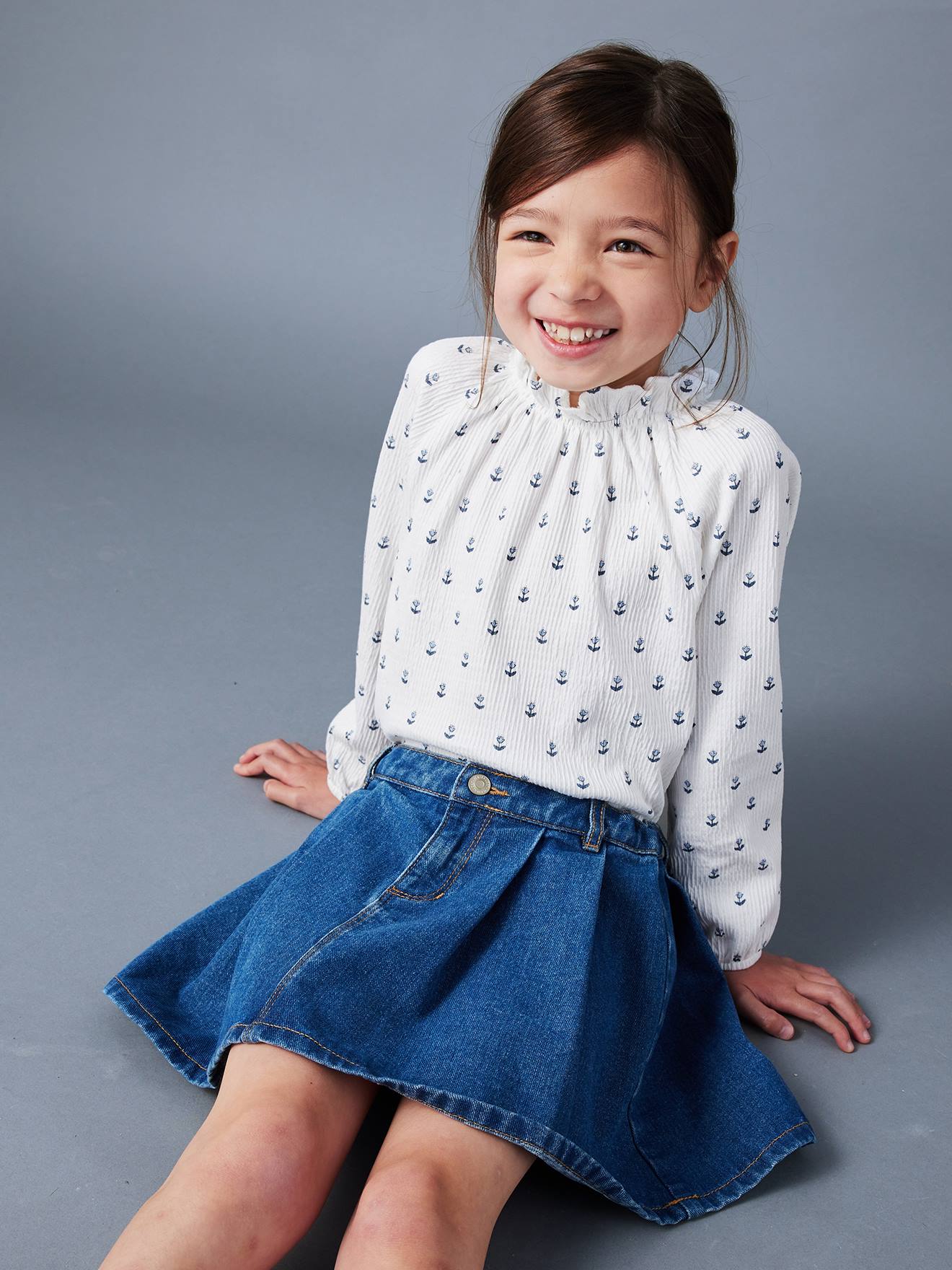 Pleated Denim Skirt for Girls stone Girls Vertbaudet