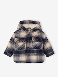 Baby-Outerwear-Coats-Chequered Hooded Coat in Woollen Fabric, Sherpa Lining, for Babies