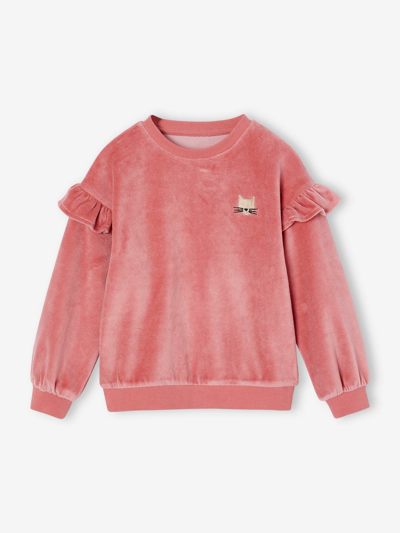 Velvet Sweatshirt with Ruffles & Cat Motif