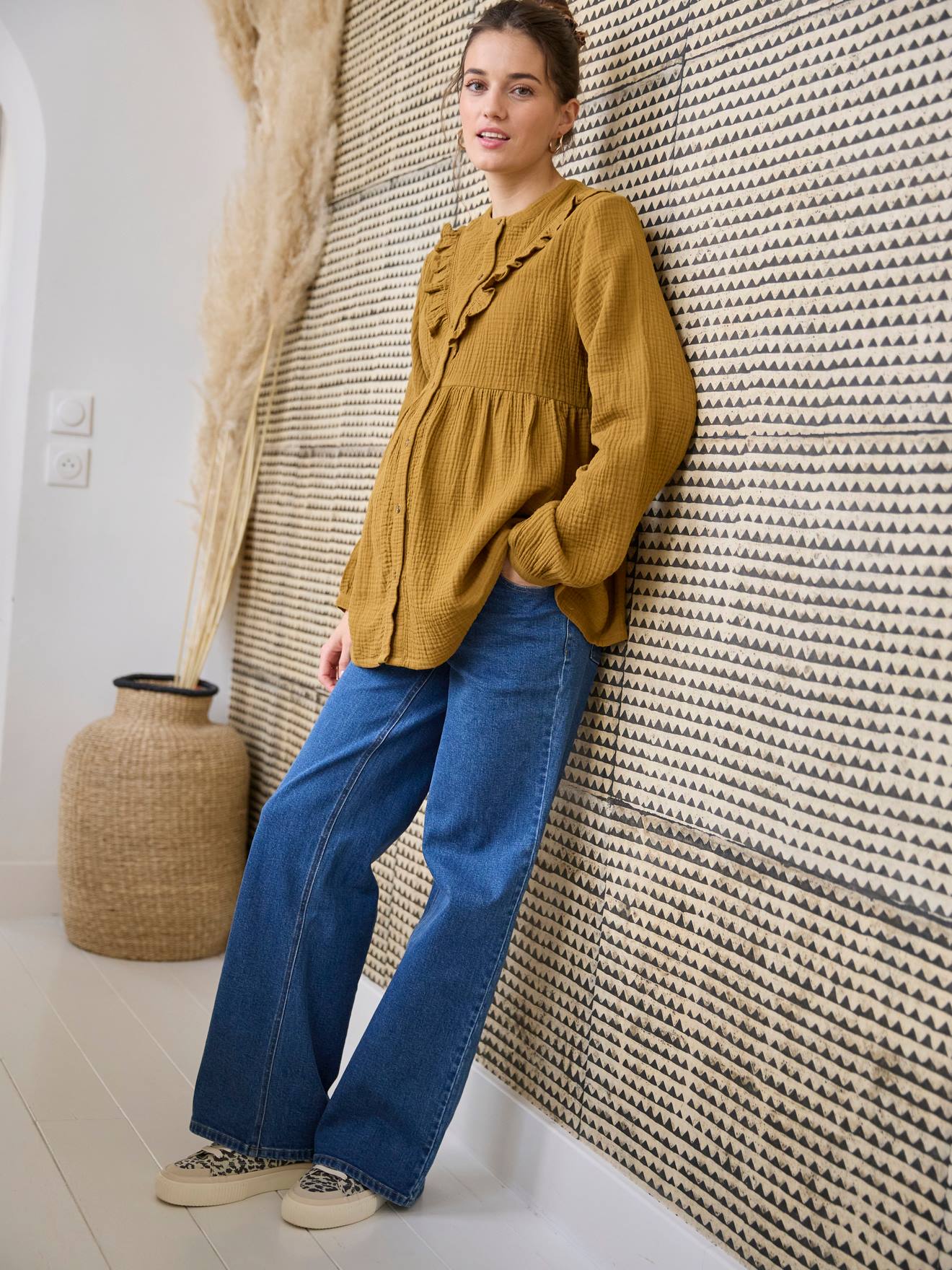 Cotton Gauze Blouse with Ruffle